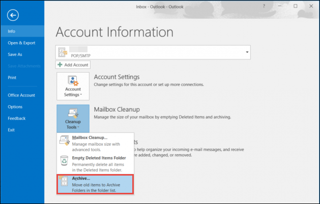 create archive folder in outlook 2016 for windows