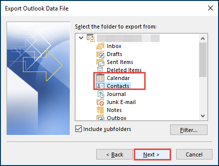 Select Calendars & Contacts Option