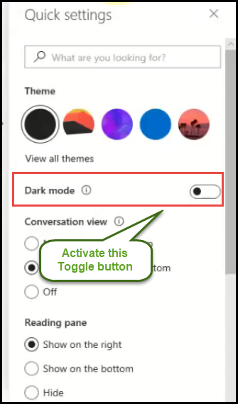 activating dark mode in Outlook.com