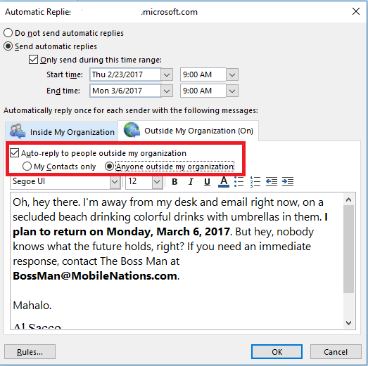 Auto Message Send To Outside The Organization