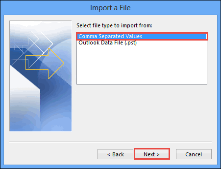 click on Comma Separated Values >> Next