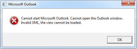 cannot start microsoft outlook invalid xml