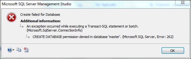 Microsoft SQL server database creation error 262