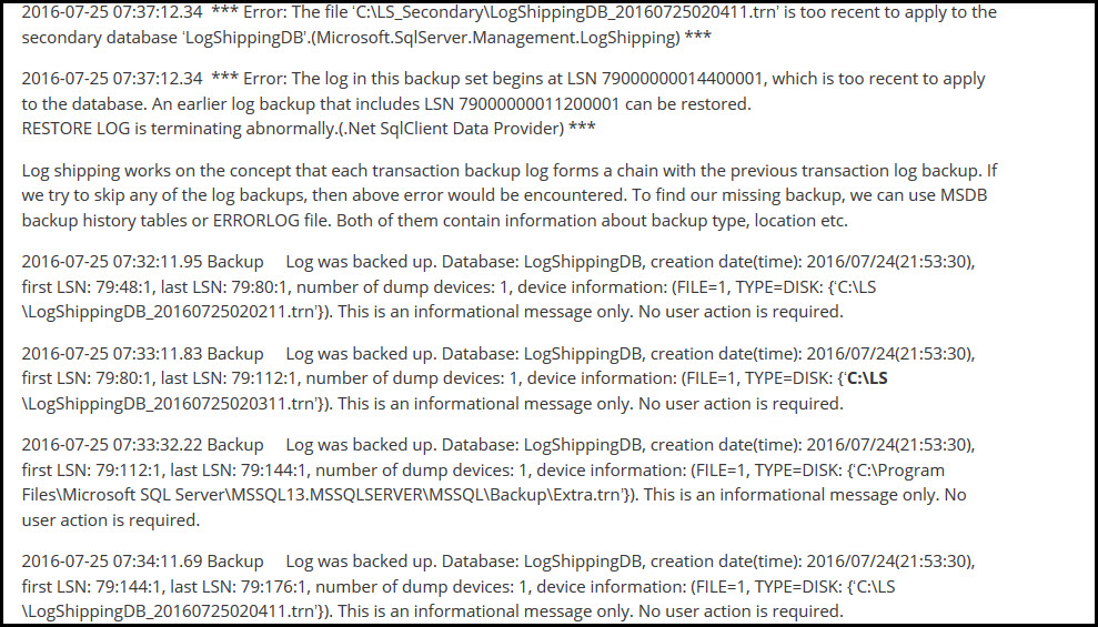 log shipping error in sql server