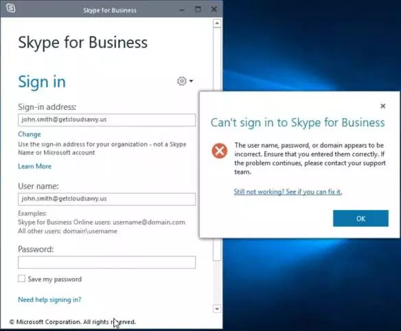 cannot log into skype for business in office 365