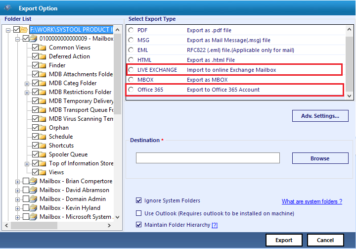 Export to Live Exchange & Office 365