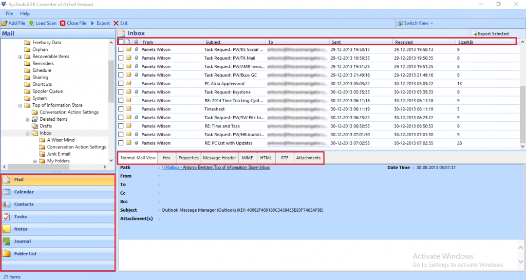 preview exchange mailboxes and data items