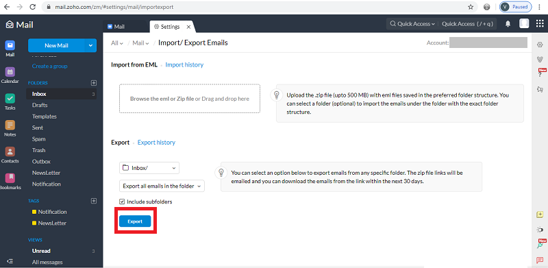 export zoho emails