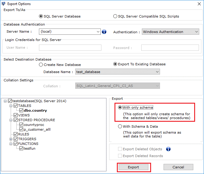 Export to existing Database