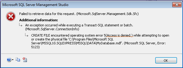 Microsoft SQL Database Access Denied Error Code 5123