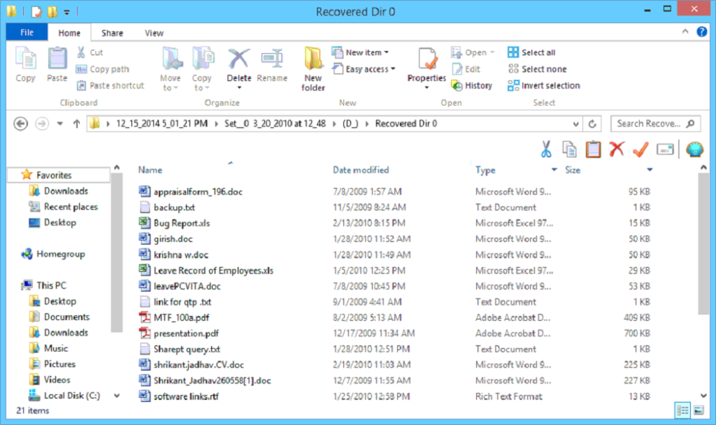 preview the recovered and extracted files from the chosen location