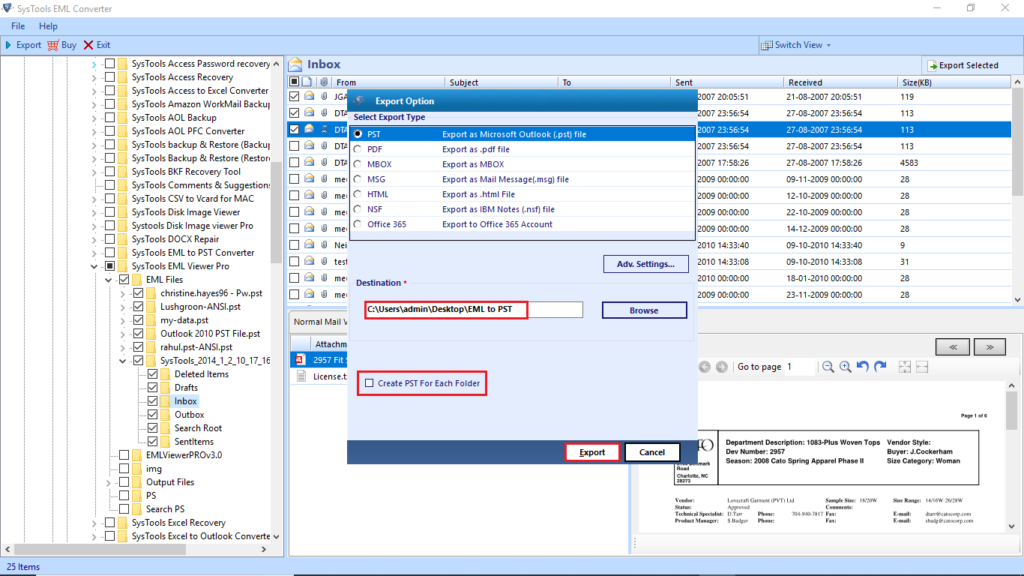 Export eml to pst 